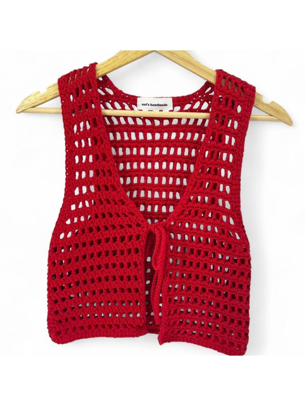 Red Crochet tie front Vest. A great layering piece